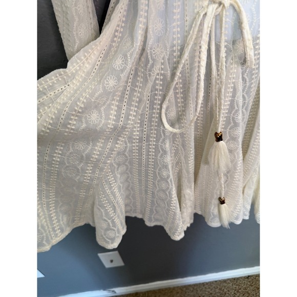 Fate Mini Dress L Cream Sheer Eyelet Puff Sleeve Cottagecore Whimsical (no slip) - Picture 5 of 10